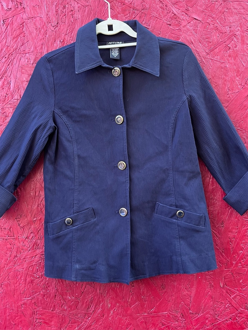 Attyre New York womens M blazer sports jacket 3/4 sleeve stretch navy button up